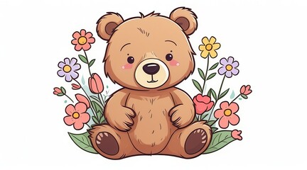 Fototapeta premium Adorable Brown Bear Cub in a Field of Colorful Flowers