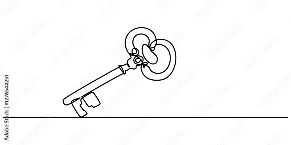 Poster one line drawing of big key isolated on white background, continuous line drawing of key. one line a