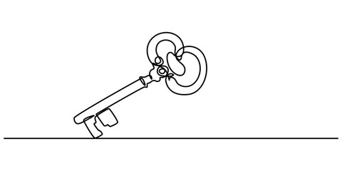 One line drawing of big key isolated on white background, Continuous line drawing of key. One line art, minimalist key illustration, vector outline for security and design. Single line artwork pro.