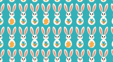 Pixel Art White Rabbits with Colorful Eggs Seamless Pattern on Teal Background