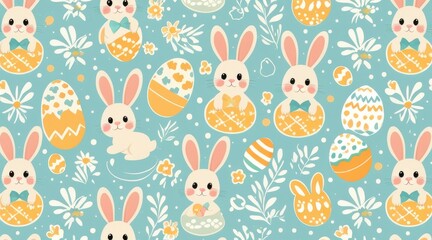 Adorable Pixel Art Bunnies and Pastel Eggs Seamless Pattern