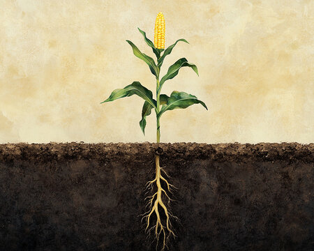 A corn plant growing from the soil, with visible roots beneath, showcasing the life cycle of a plant and symbolizing growth, agriculture, and the development of crops.