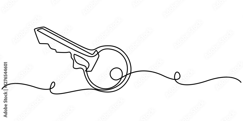 Poster one line drawing of big key isolated on white background, continuous line drawing of key. one line a