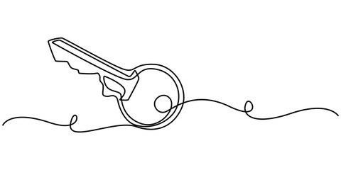 Obraz premium One line drawing of big key isolated on white background, Continuous line drawing of key. One line art, minimalist key illustration, vector outline for security and design. Single line artwork pro.