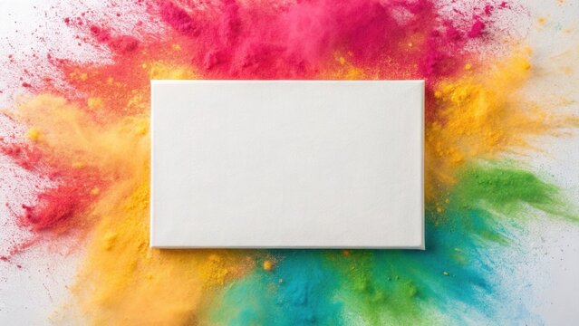 Blank canvas frame on colorful powder expolsion background