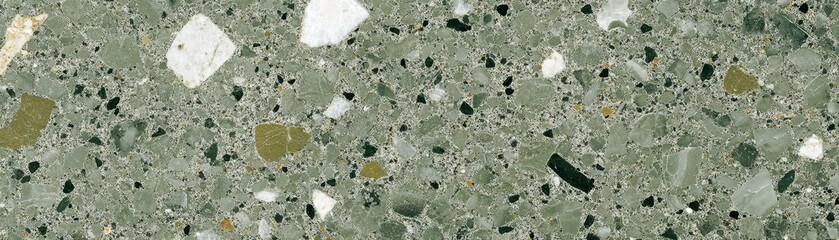 Speckled olive green terrazzo stone, polished texture, modern minimalist appeal
