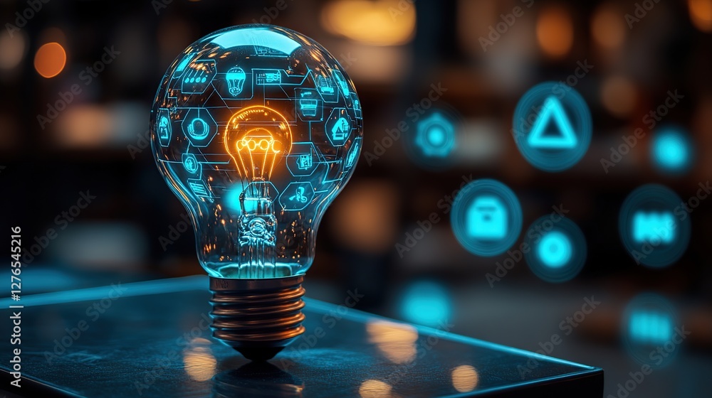 Aufkleber illuminated light bulb with digital icons representing technology and innovation in a modern workspa