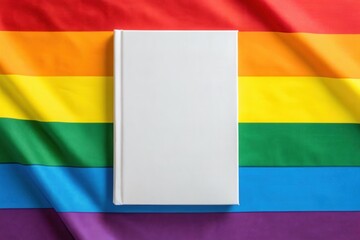 Fototapeta premium White book on a pride flag, Book mockup on a rainbow striped background. Concept for LGBT, Gay, Freedom