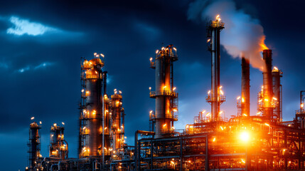 Fototapeta premium Oil refinery at night with glowing lights and smoke, industrial scene