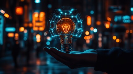 Fototapeta premium A glowing light bulb with digital circuitry held in a hand against a vibrant urban night backdrop