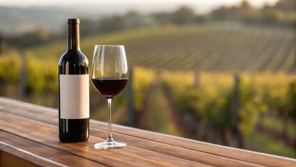 Wine bottle with blank label and a glass of red wine placed on a wooden bar with blurred wineyard background in the morning