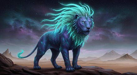 Mystical Galaxy Lion Roaming Fantasy Landscape with Starry Sky
