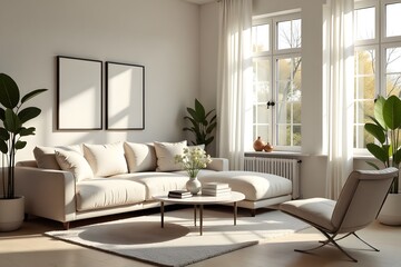 Fototapeta premium Modern Minimalist Living Room with Cozy Sofa and Natural Light