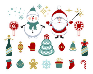 Set of Christmas flat colorful icons. Santa, snowman, christmas free, gingerbread, gift box. Flat design,