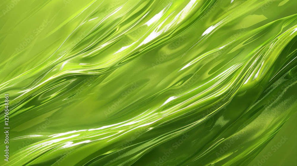 Poster vibrant green background with glossy, flowing textures creates dynamic visual. smooth surface reflec