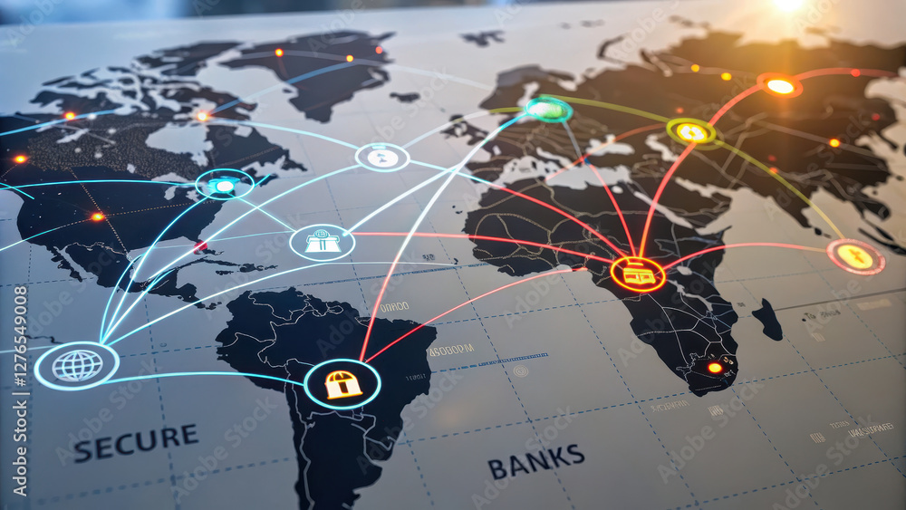 Poster global network map illustrating secure banking connections across continents, showcasing financial i