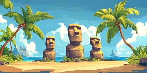 tropical island Moai cartoon-style