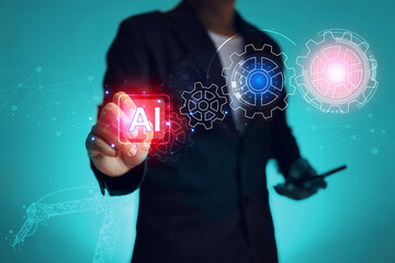 Businessman using AI on virtual touch screen to command machine in the industrial with modern technology