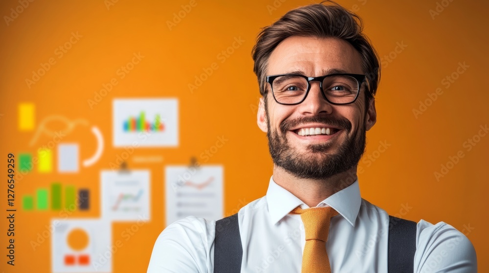 Aufkleber man wearing glasses and a tie is smiling in front of a wall with a lot of graphs and charts