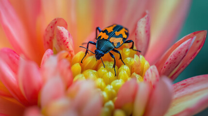 bug crawling vibrant flower, showcasing its intricate details and colors. scene captures beauty of nature and relationship between insects and