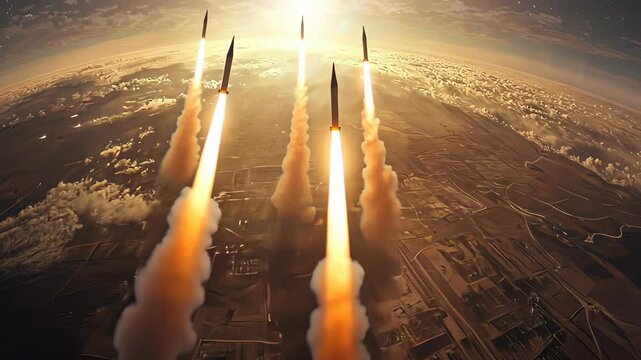 Missiles launch over an industrial landscape at sunset, showcasing advanced military technology and power dynamics