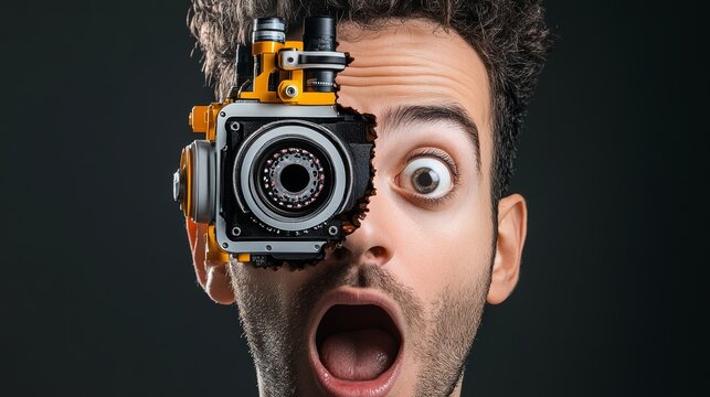 Man's face is cut in half and the camera lens is visible. The man's eyes are wide open and his mouth is open in shock. The image is a creative