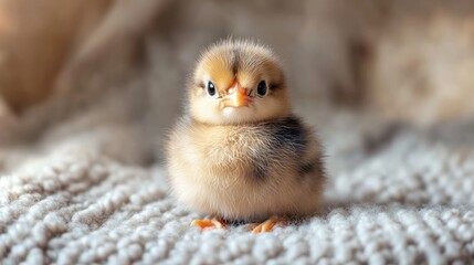 Fototapeta premium Adorable Tiny Chick on Soft Knitted Blanket