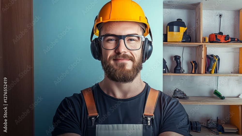 Poster man with a yellow helmet and glasses is smiling. he is standing in front of a shelf with tools