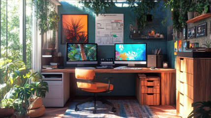 vibrant home office featuring dual screen setup, plants, and natural light. workspace is designed for productivity and comfort