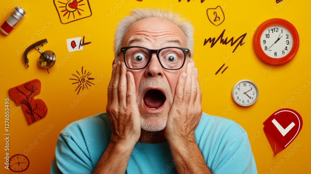 Poster man is screaming in front of a wall with clocks and other objects. the man is wearing glasses and ha