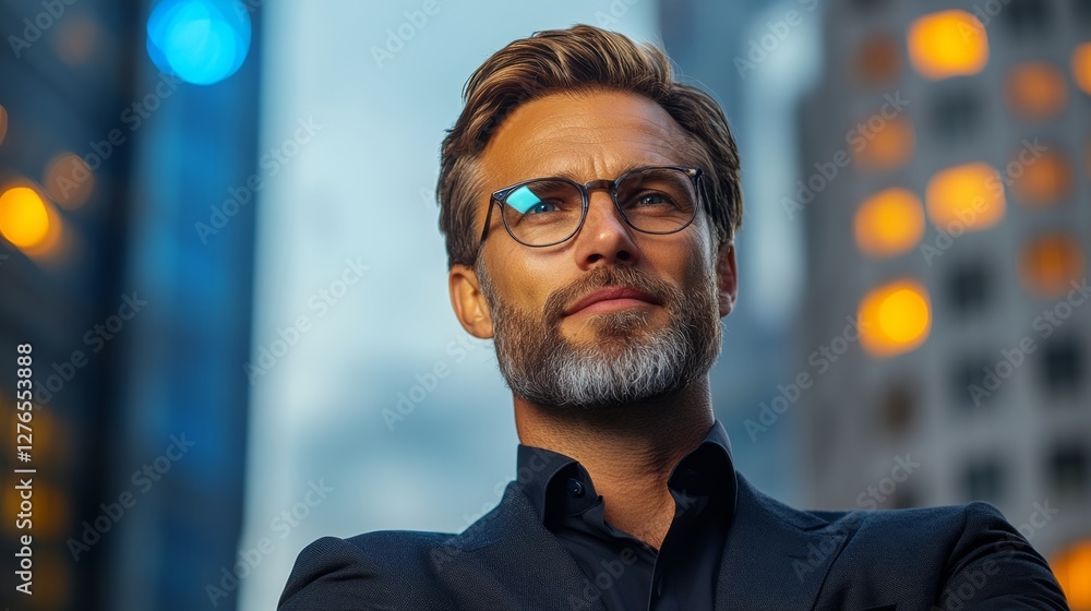 Poster man wearing glasses and a suit is standing in front of a building. he is looking at the camera with 