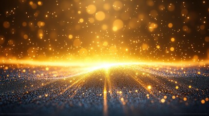 Golden sparkles glittering on dark surface, bokeh background, festive backdrop