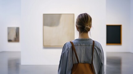 Social media rumors affecting a woman in an art gallery. Featuring concern and distraction