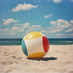 A colorful beach ball on the sand.