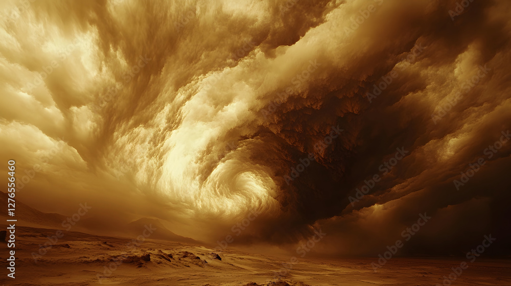 Poster a dramatic swirling cloud formation dominates the sky, creating a captivating scene filled with eart