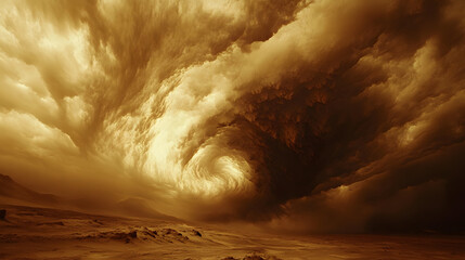 A dramatic swirling cloud formation dominates the sky, creating a captivating scene filled with earthy tones and a sense of movement