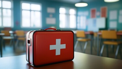 Red First Aid Kit on a School Classroom Table with Blurry Desks and Chairs in the Background