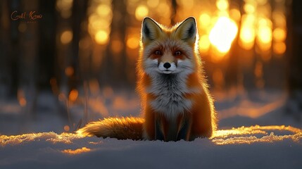 Golden Sunset Fox in Snowy Forest