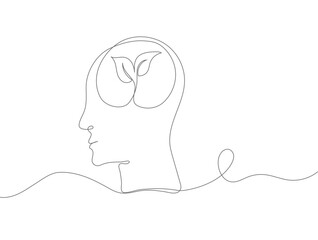 Minimalist continuous line drawing of a human head with a plant growing inside, symbolizing mental health,