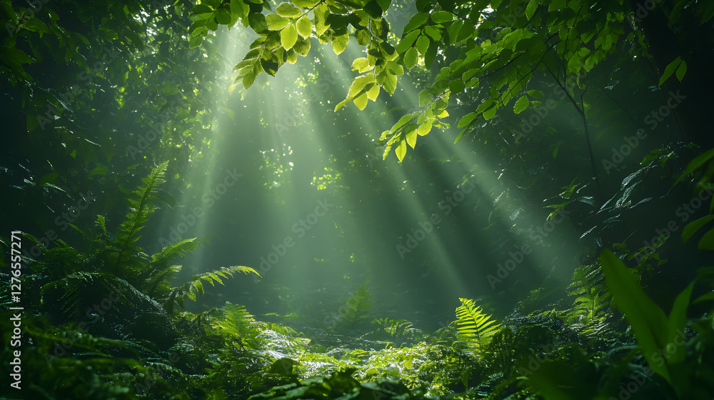 Poster A serene forest scene with beams of sunlight filtering through lush green leaves, creating a tranquil and enchanting atmosphere