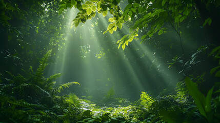 Obraz premium A serene forest scene with beams of sunlight filtering through lush green leaves, creating a tranquil and enchanting atmosphere