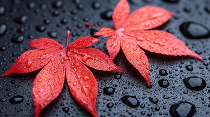 Red maple leaves, water droplets, dark background, autumnal still life