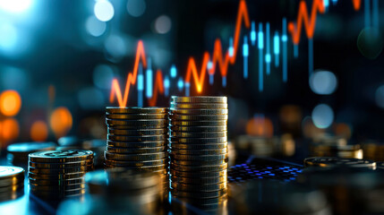 Investing concept with golden coins stacked, financial growth graph
