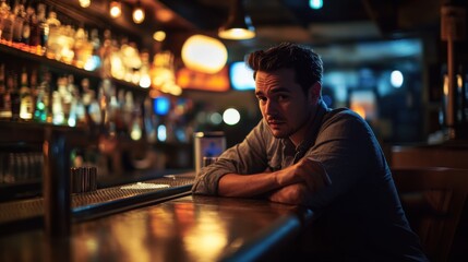 Fototapeta premium Social media rumors affecting a young man in a bar. Featuring distraction and confusion