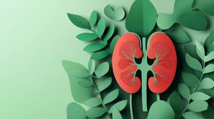 3D paper-cut of kidney with green leaves 