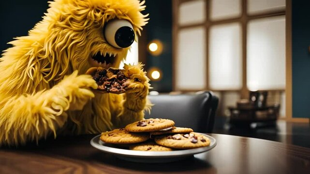 Monster eating cookies.