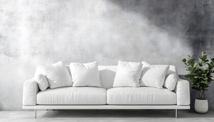 Modern white couch with pillows against a concrete textured wall