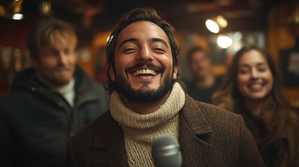 Happy man singing with friends in a music venue