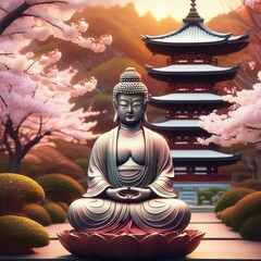 un bouddha près d'une pagode et des cerisiers roses