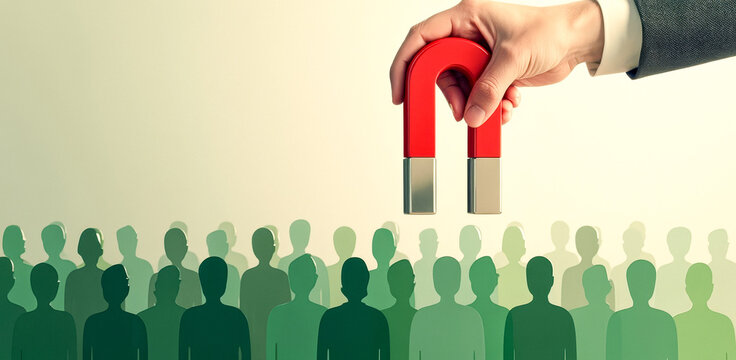 hand in a business suit uses a horseshoe magnet to attract a specific group of people